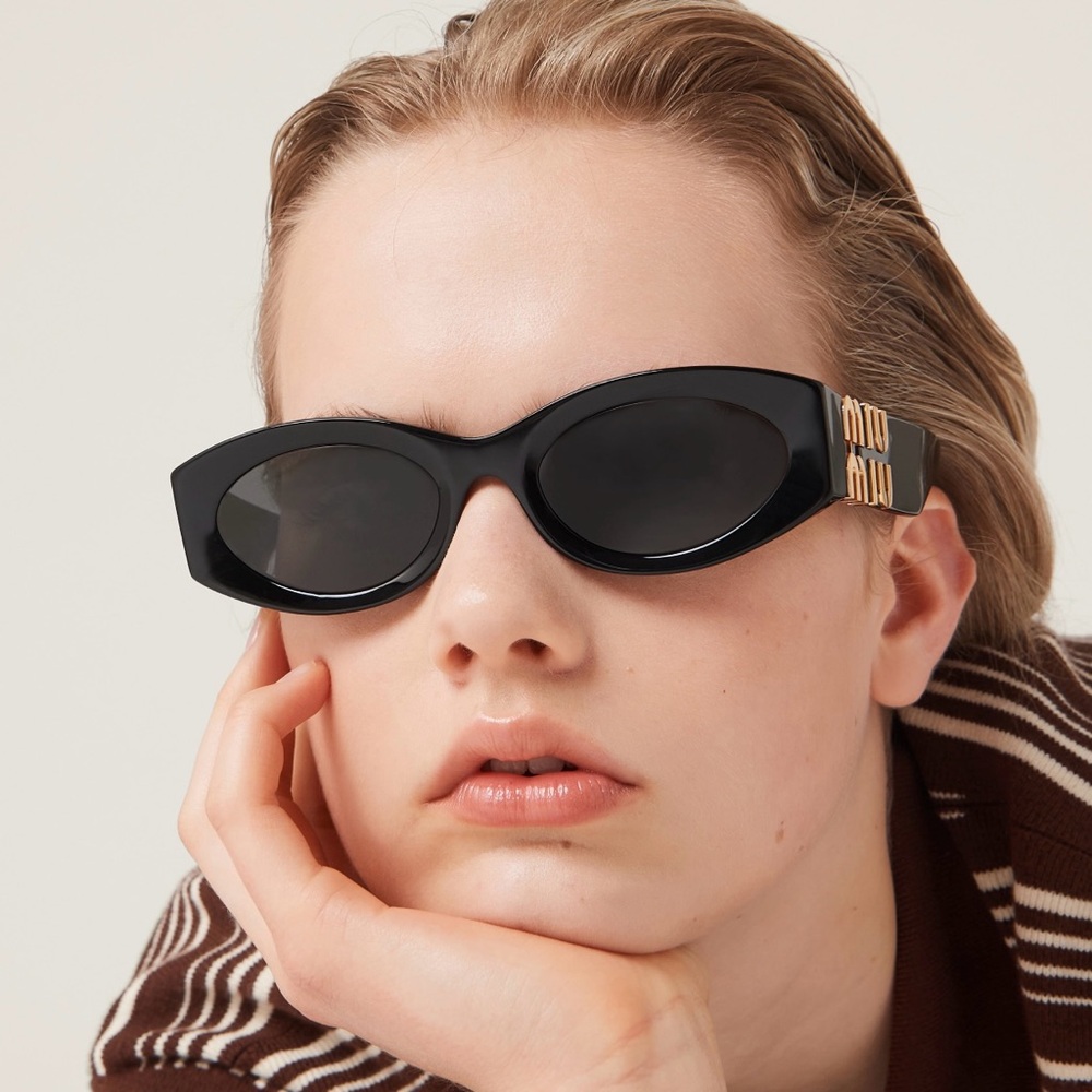 Miu Miu Black Oval Sunglasses with Gold Logo Temples - Picture 5 of 14